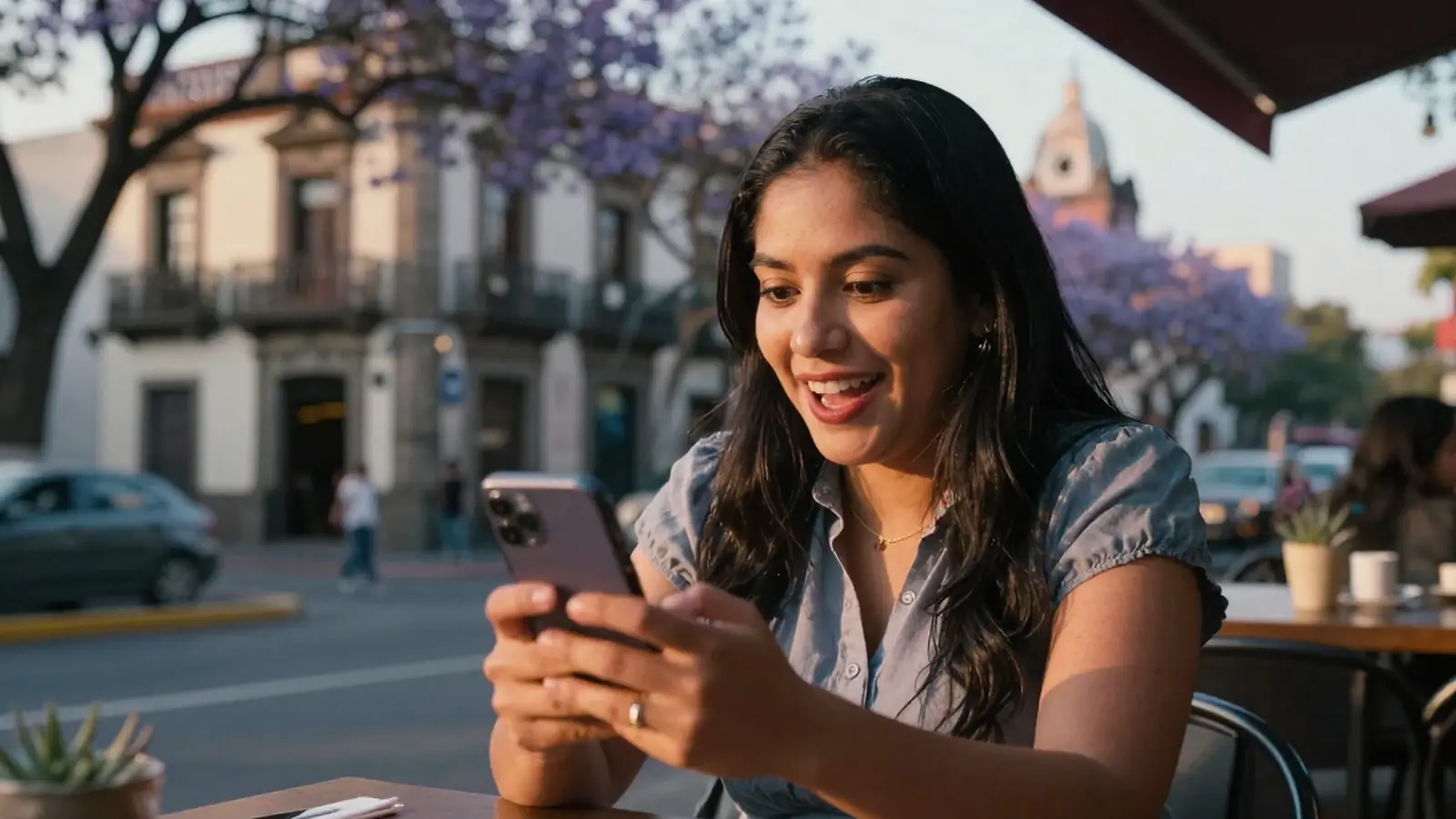 Emprendedora sonriendo mientras ve su celular