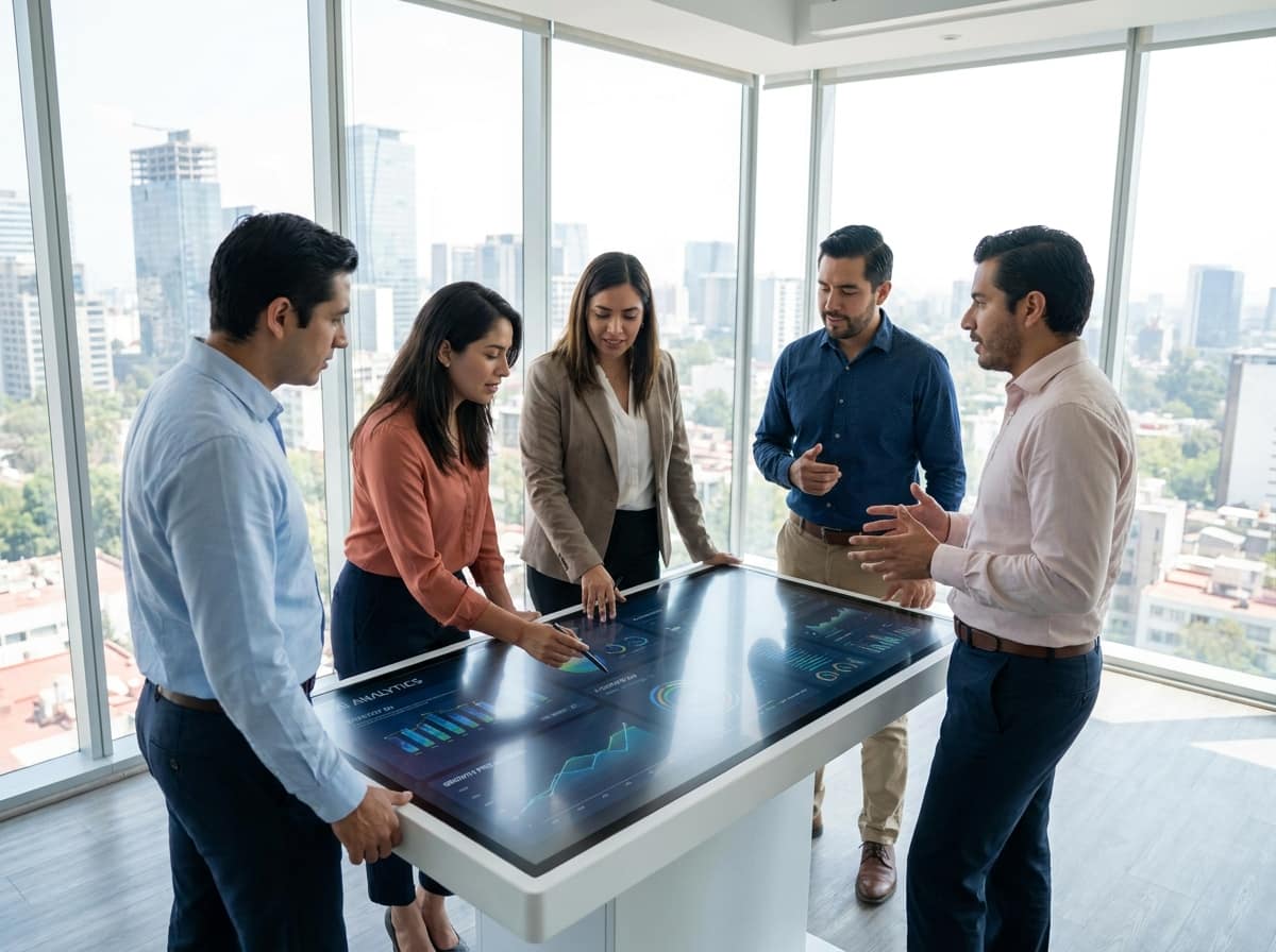 Equipo de negocios mexicano usando herramientas de inteligencia artificial