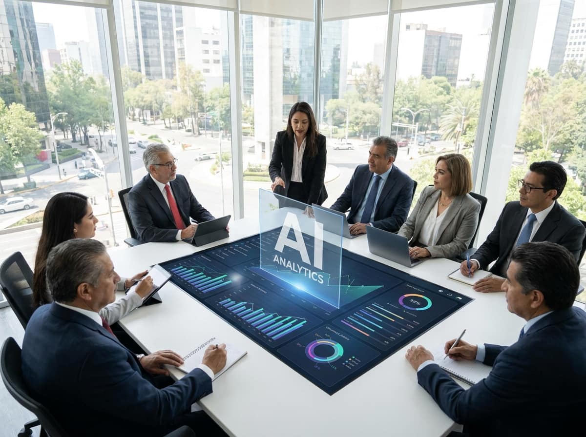 Equipo de negocios mexicano usando herramientas de inteligencia artificial
