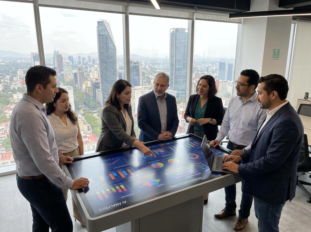 Equipo de negocios mexicano usando herramientas de inteligencia artificial