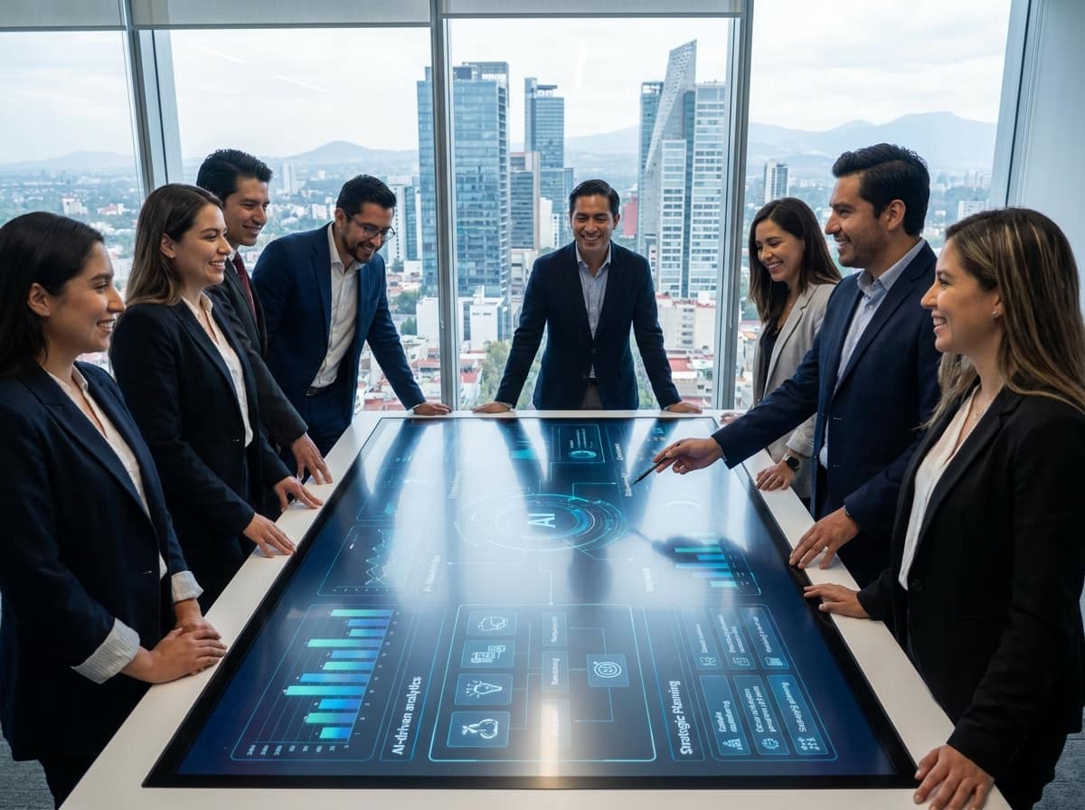 Equipo de negocios mexicano usando herramientas de inteligencia artificial