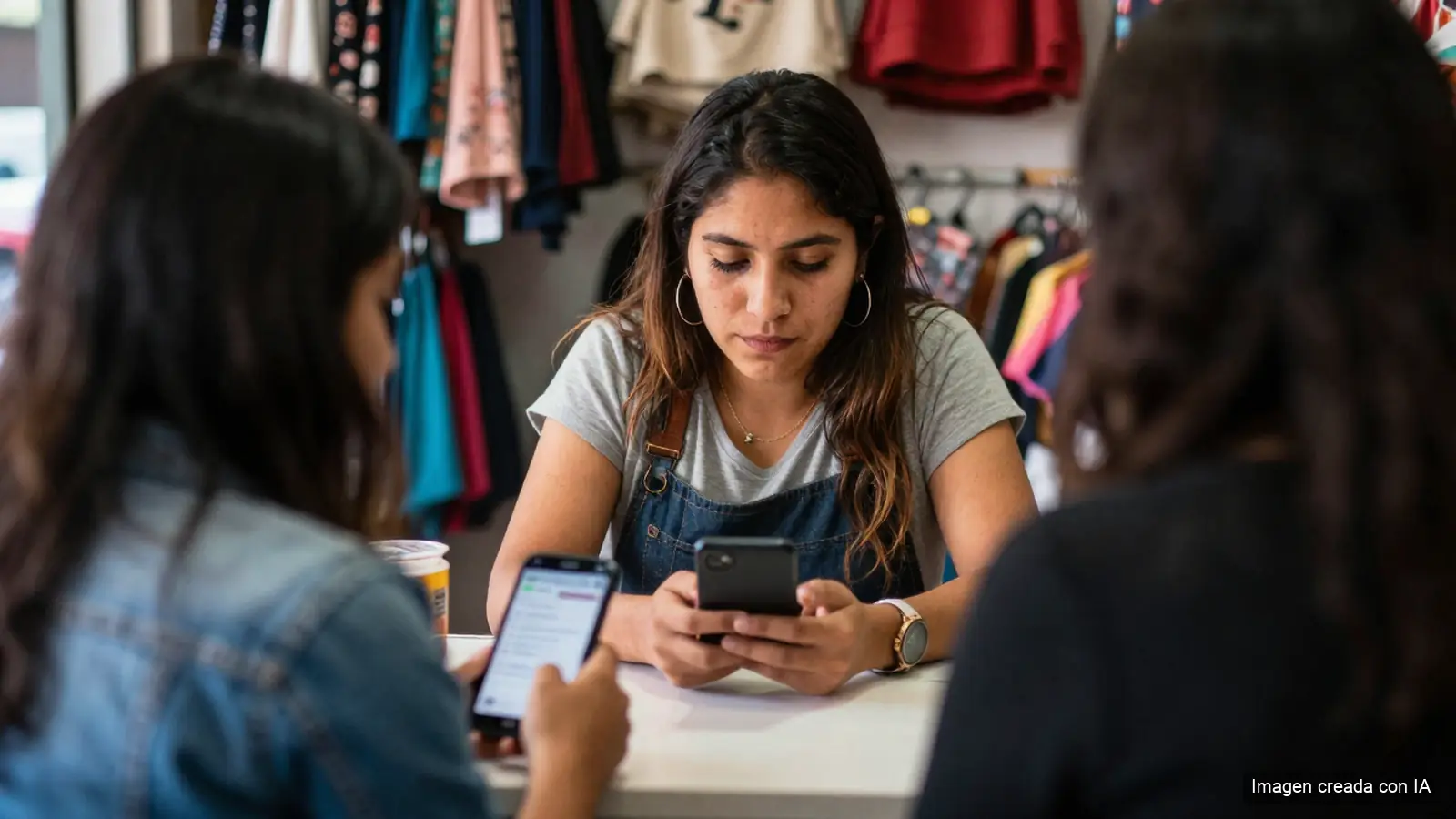 Dueña de una tienda de barrio revisando su celular en el mostrador mientras llega un mensaje de WhatsApp de un cliente.
