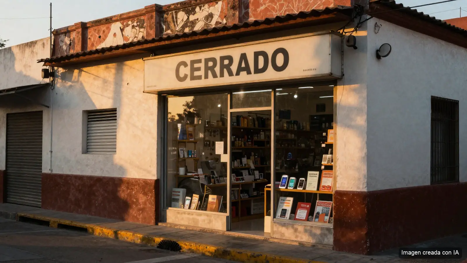 Letrero de cerrado en la puerta de una tienda al atardecer, con el celular del dueño mostrando mensajes nuevos de clientes.