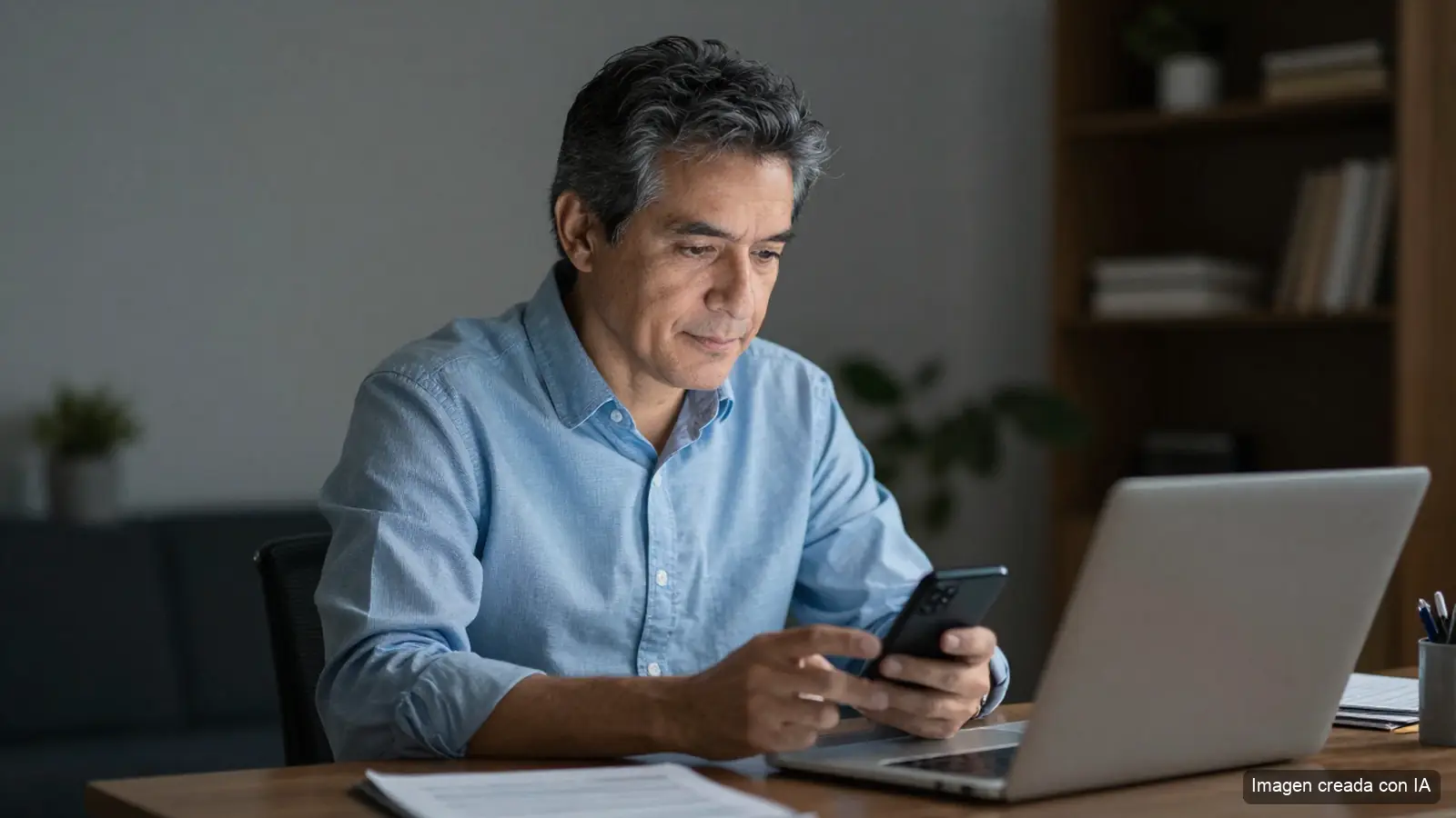 Dueño de un negocio de servicios revisando en su celular un resumen de conversaciones atendidas, con una persona del equipo tomando el caso que requiere decisión.