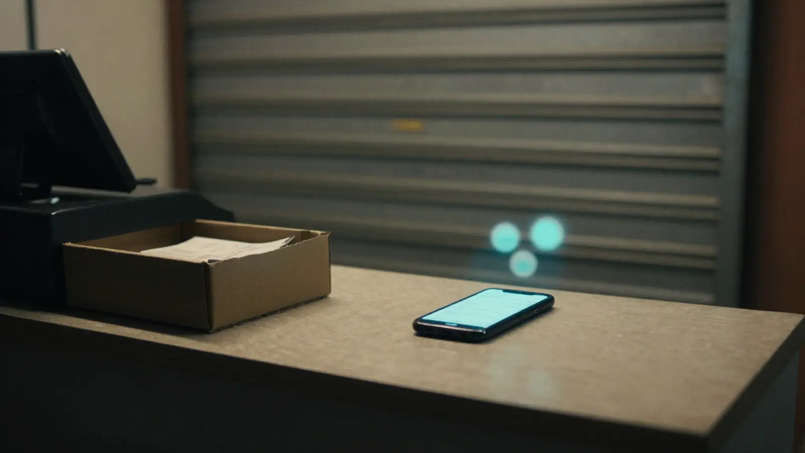 Mostrador de un negocio cerrado de noche con el celular encendido y mensajes de clientes sin contestar