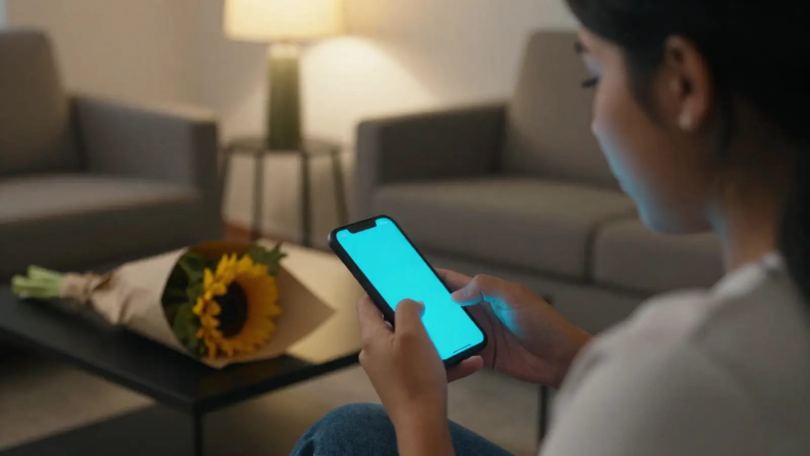 Clienta en su casa toca en el celular el botón para seguir por WhatsApp después de cotizar un arreglo de flores