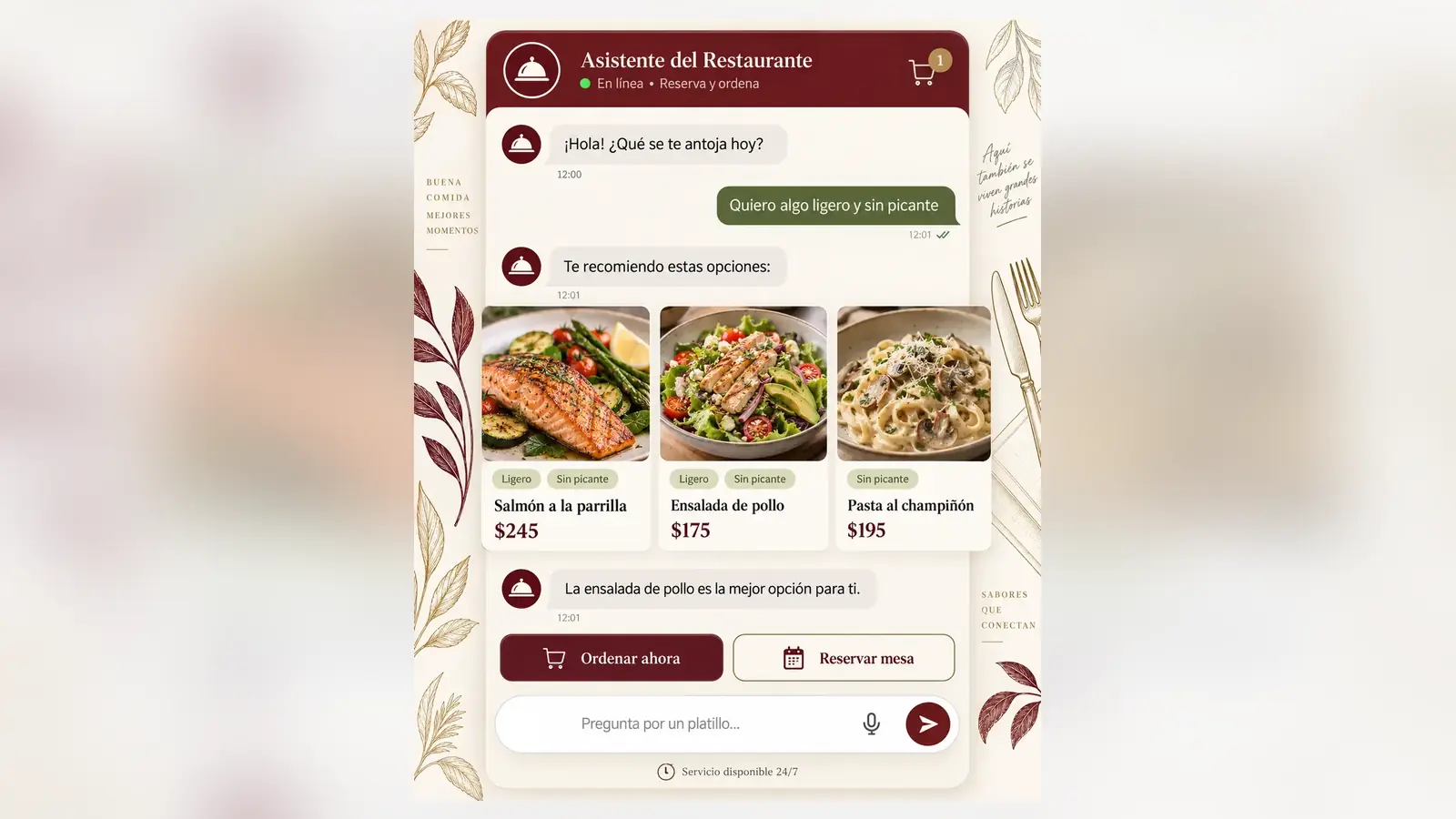 Pantalla real del asistente para restaurantes de iAmanos: recomienda tres platillos ligeros y sin picante con foto y precio, y ofrece ordenar o reservar mesa