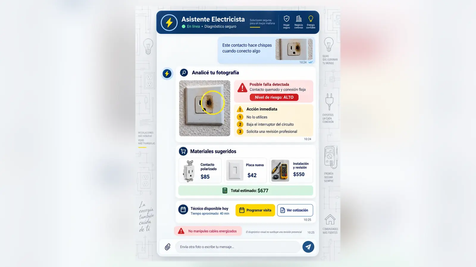 Pantalla real del asistente para electricistas de iAmanos: lee la foto del contacto quemado, marca el riesgo alto, da la acción inmediata y cotiza materiales