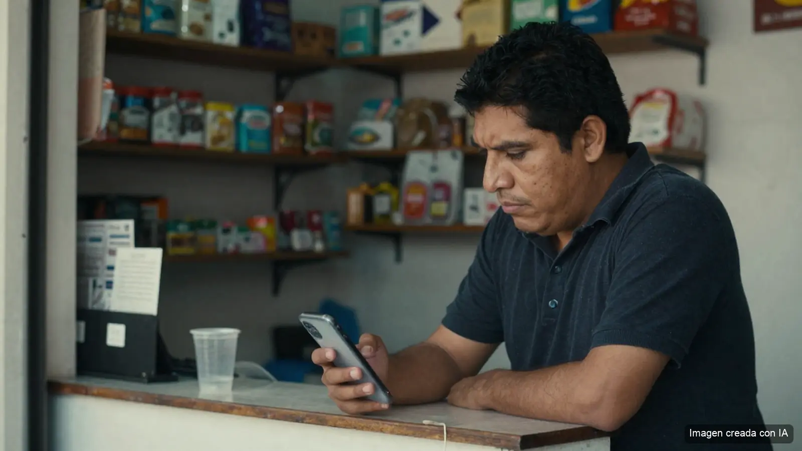 Un celular sobre el mostrador de una tienda, con la pantalla de una llamada entrante y el dueño atento (imagen creada con IA)