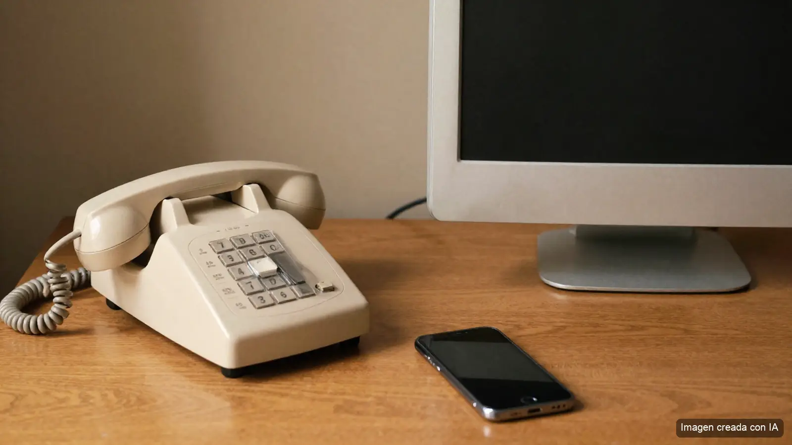 Un cajón con viejos aparatos de oficina (teléfono de disco, computadora de los 90) junto a un celular nuevo (imagen creada con IA)