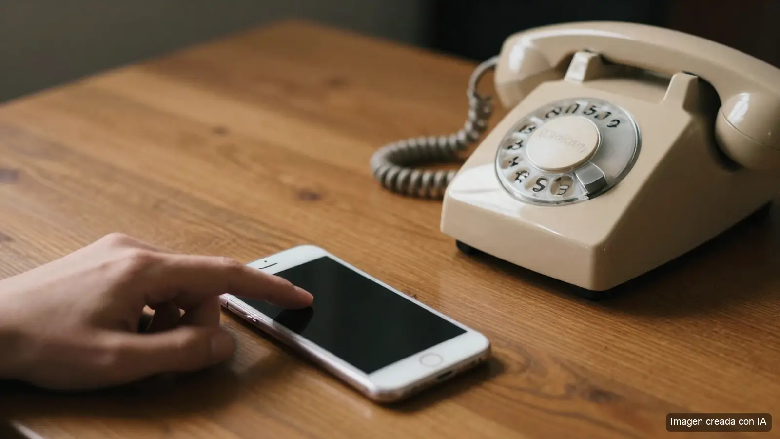 Una mano enciende un celular moderno junto a un teléfono antiguo sobre la mesa (imagen creada con IA)