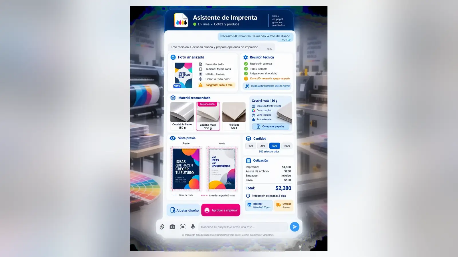 Pantalla real del asistente para imprentas de iAmanos: el cliente pide una cotización y el asistente la arma con los precios del negocio