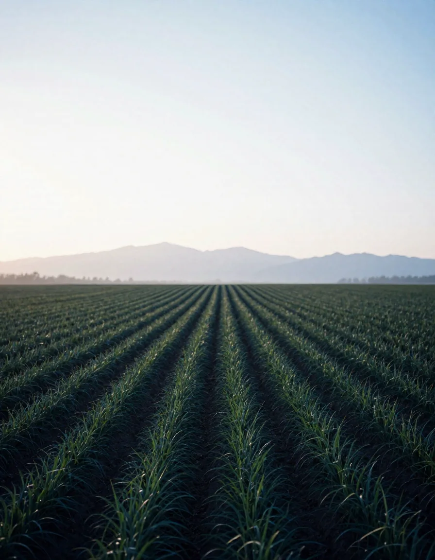 Surcos de un cultivo al amanecer.