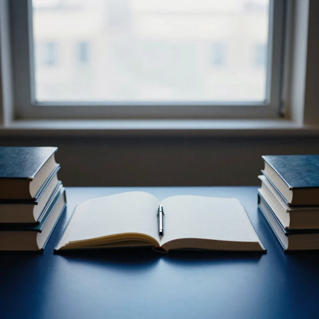 Libros y una libreta sobre una mesa.