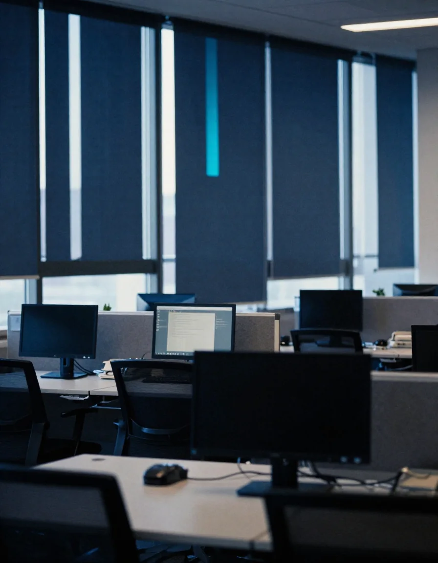 Oficina abierta con escritorios vacíos.