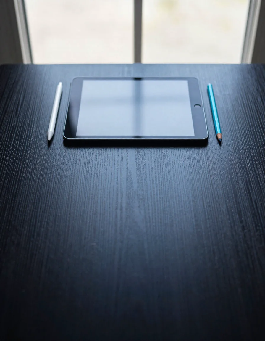 Una tableta y una libreta sobre un escritorio.
