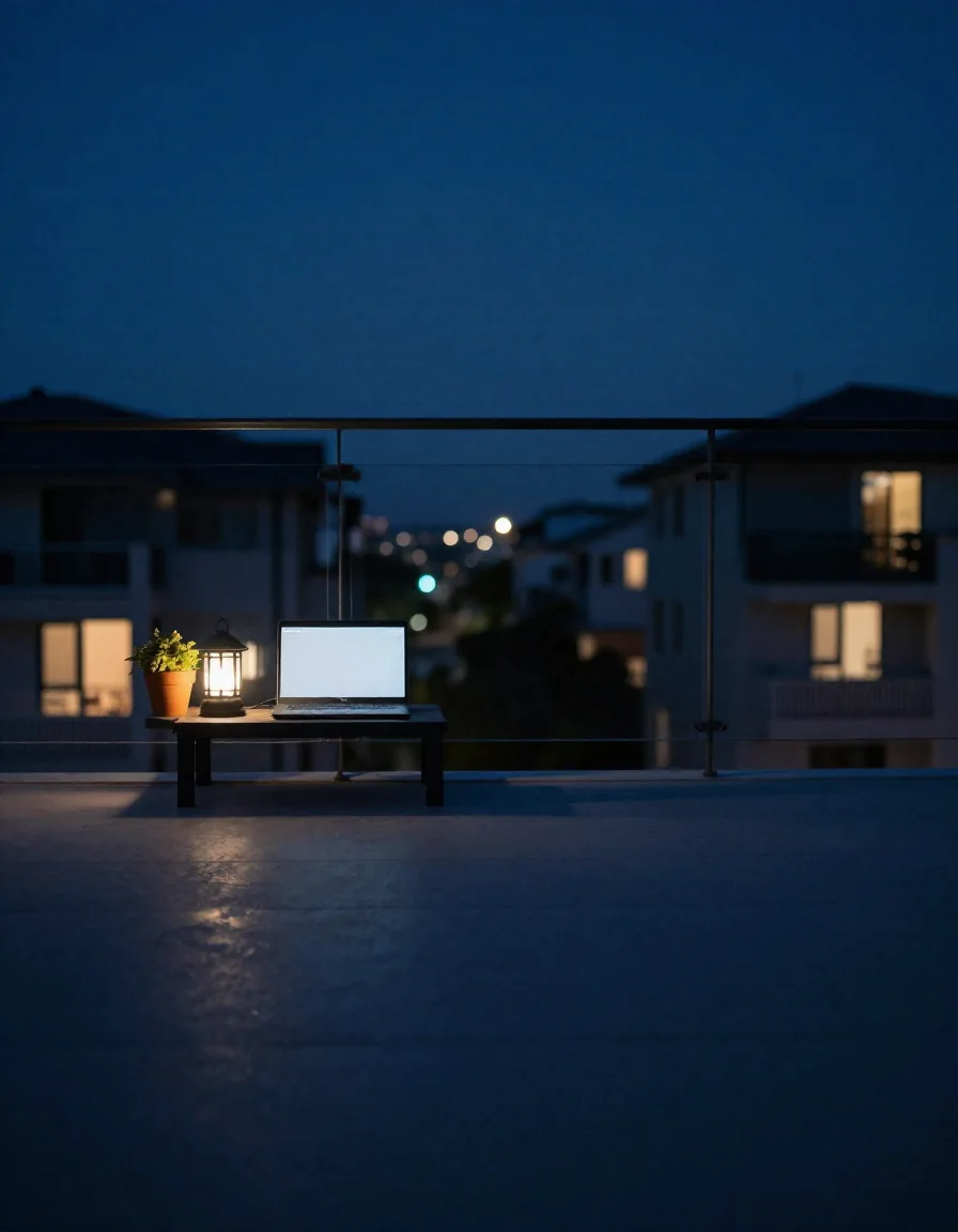 Una laptop encendida sobre un escritorio de noche.