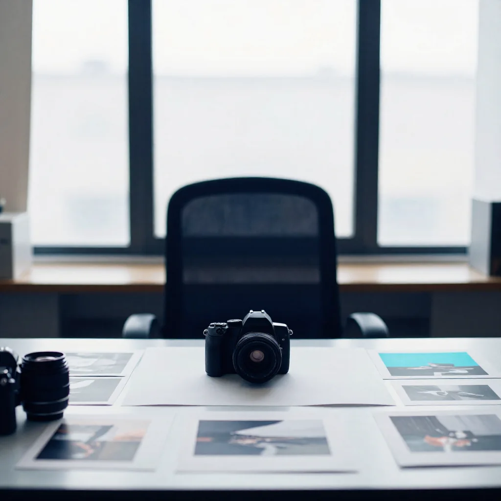 Cámara y fotografías sobre una mesa de luz.