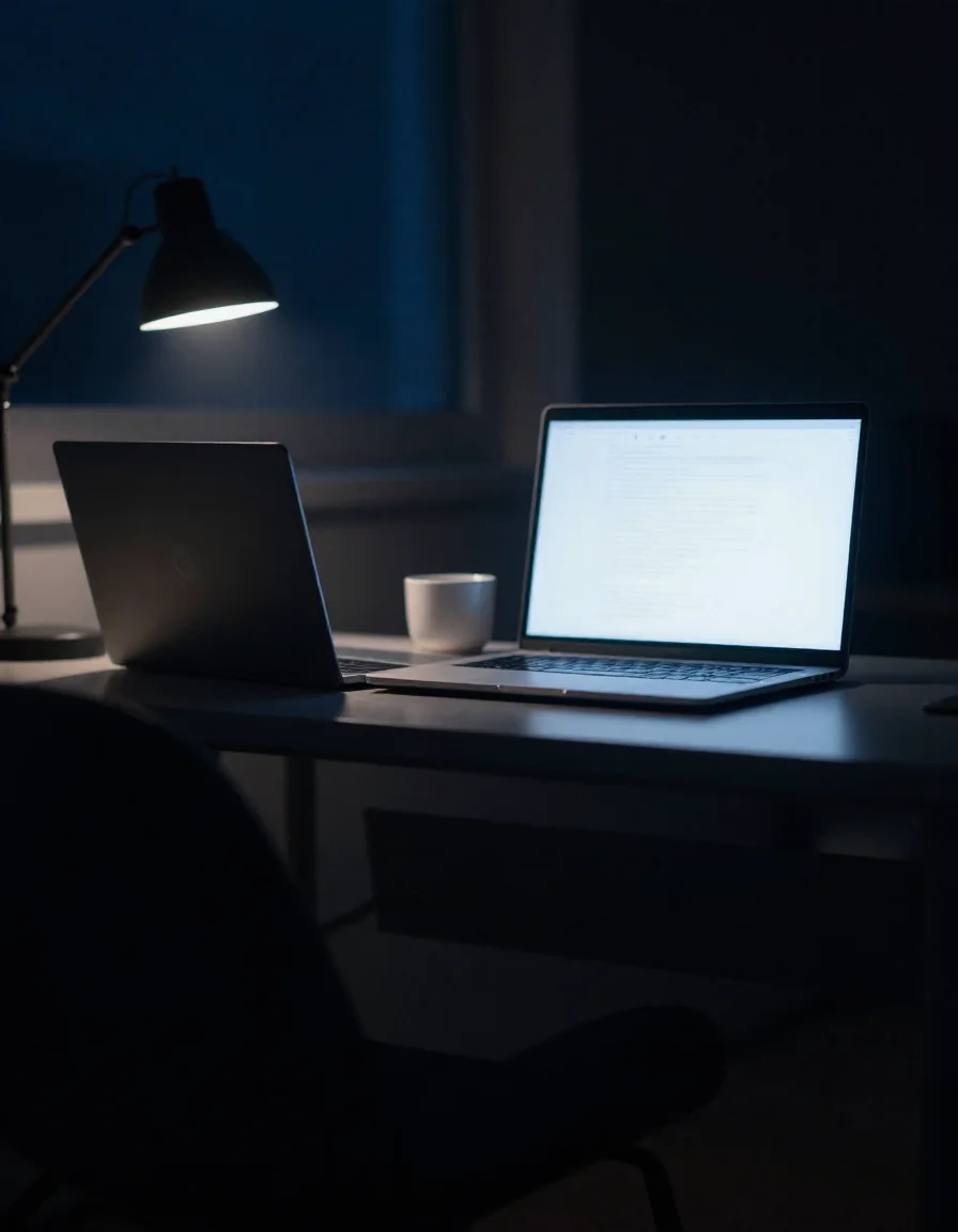 Una laptop encendida sobre un escritorio de noche.