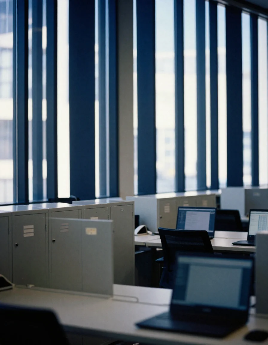 Oficina abierta con escritorios vacíos.
