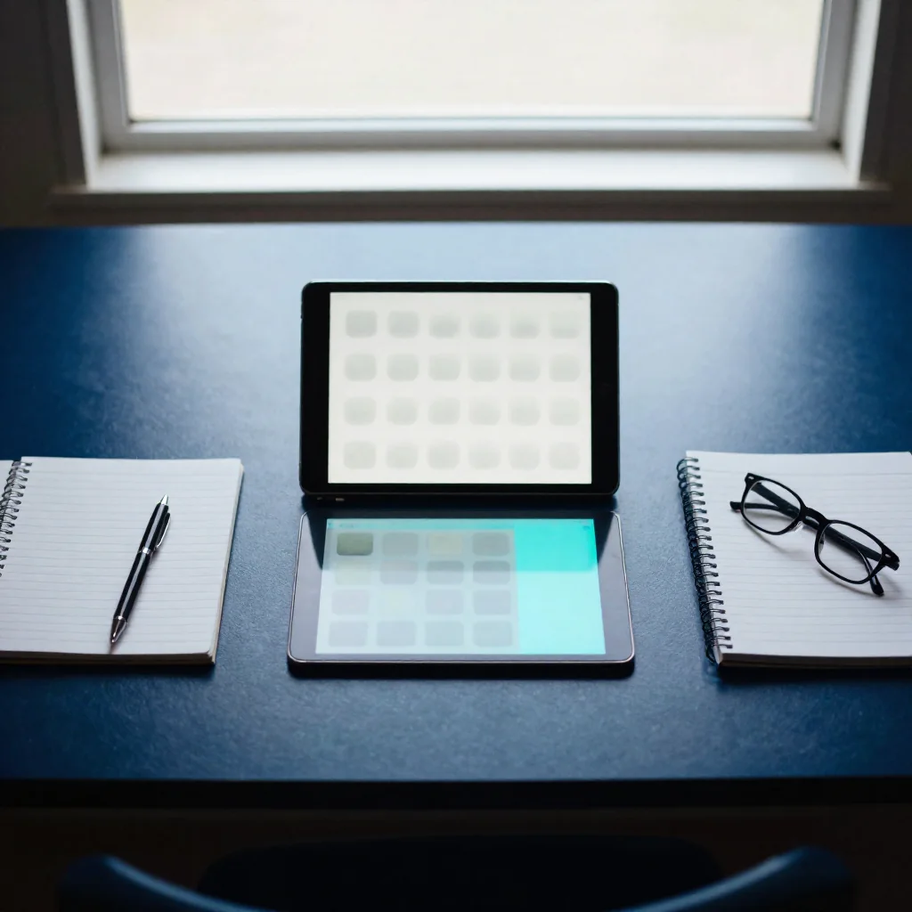 Una tableta y una libreta sobre un escritorio.
