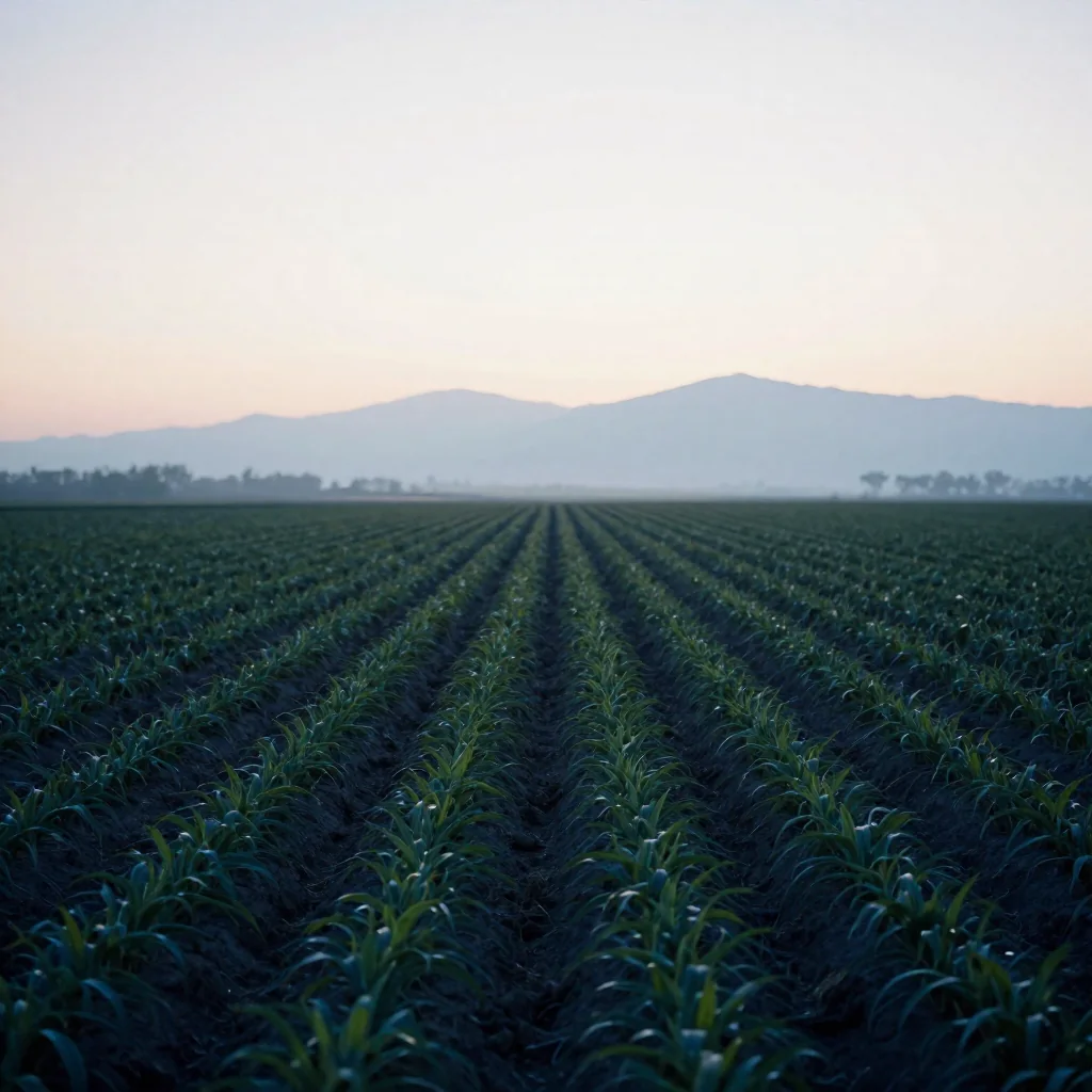 Surcos de un cultivo al amanecer.