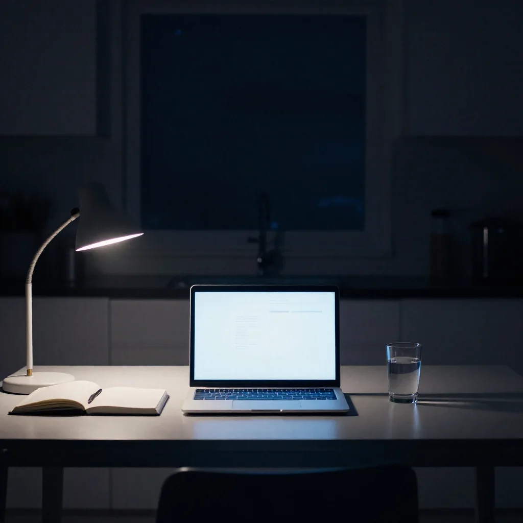 Una laptop encendida sobre un escritorio de noche.