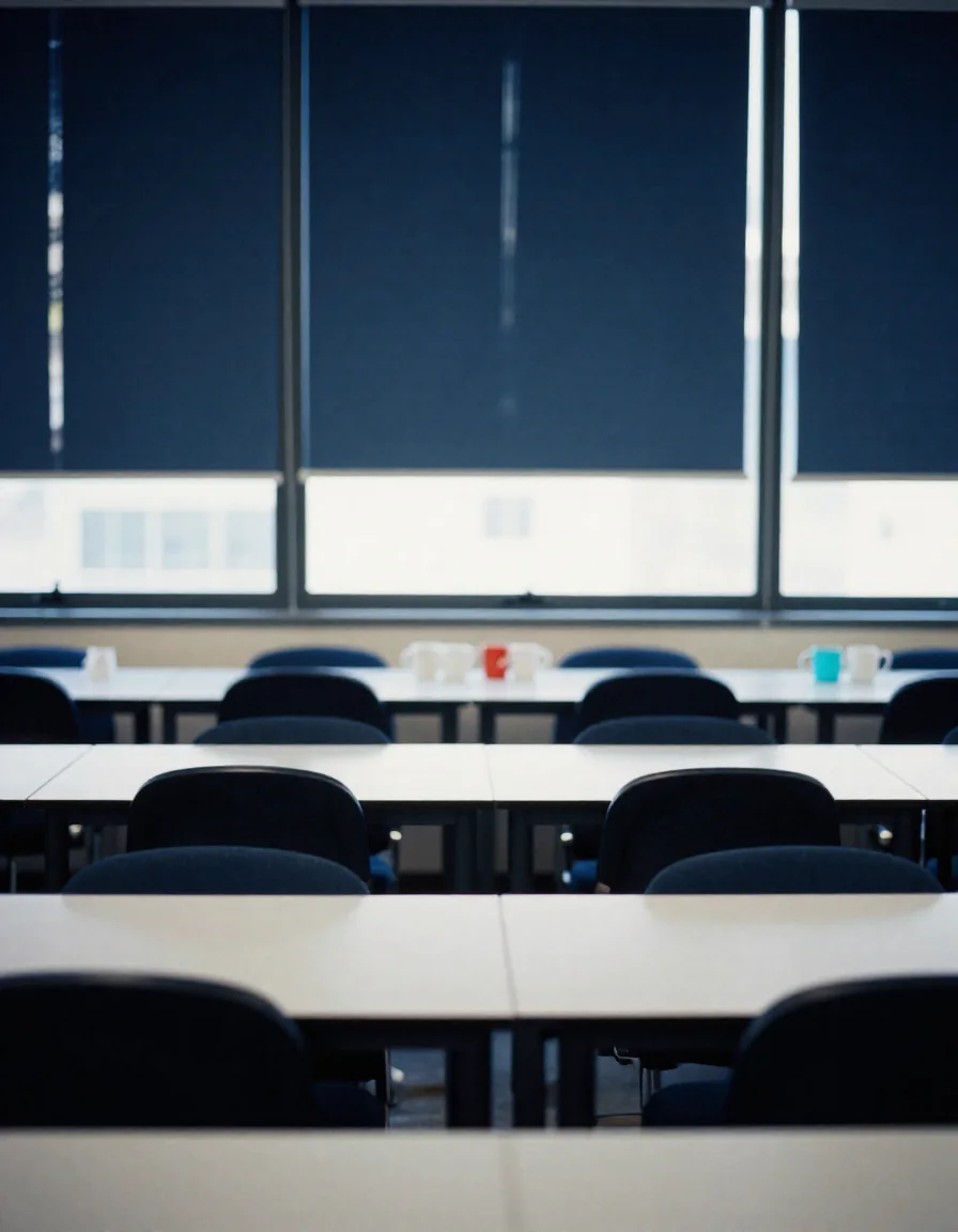 Oficina abierta con escritorios vacíos.