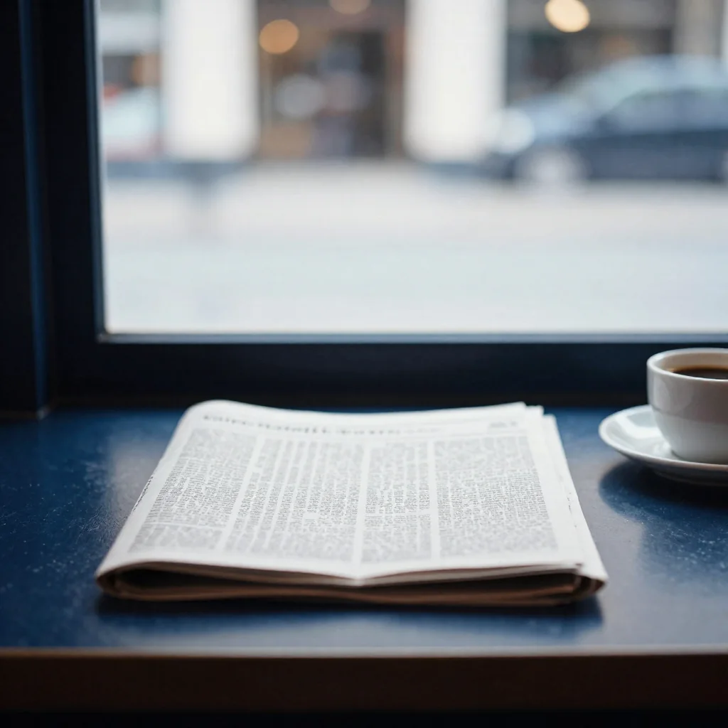 Un periódico doblado junto a un café.
