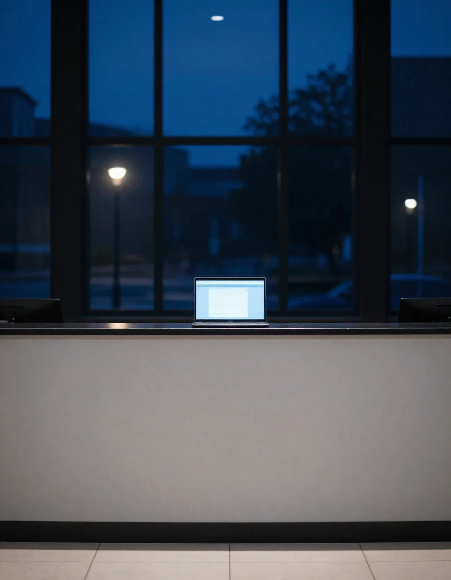 Una laptop encendida sobre un escritorio de noche.