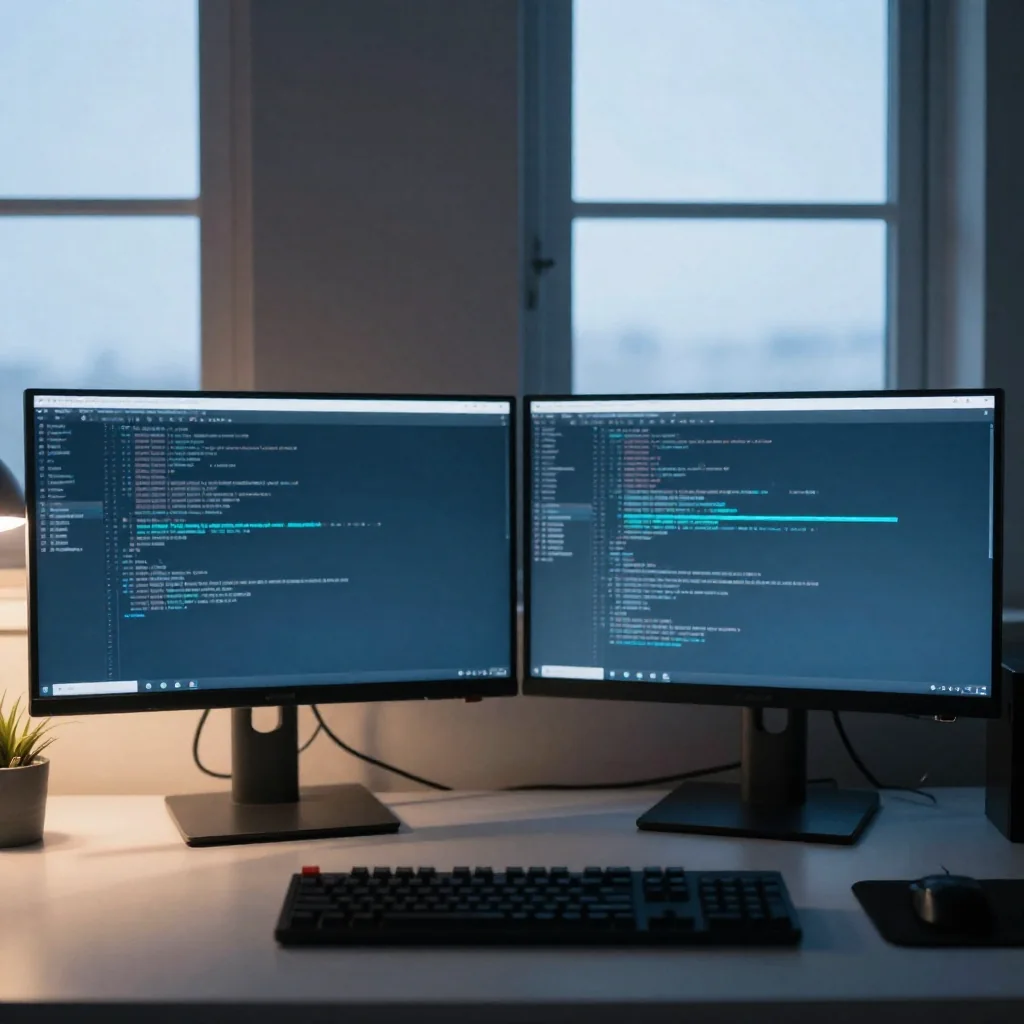Monitores con código en un escritorio de desarrollo.