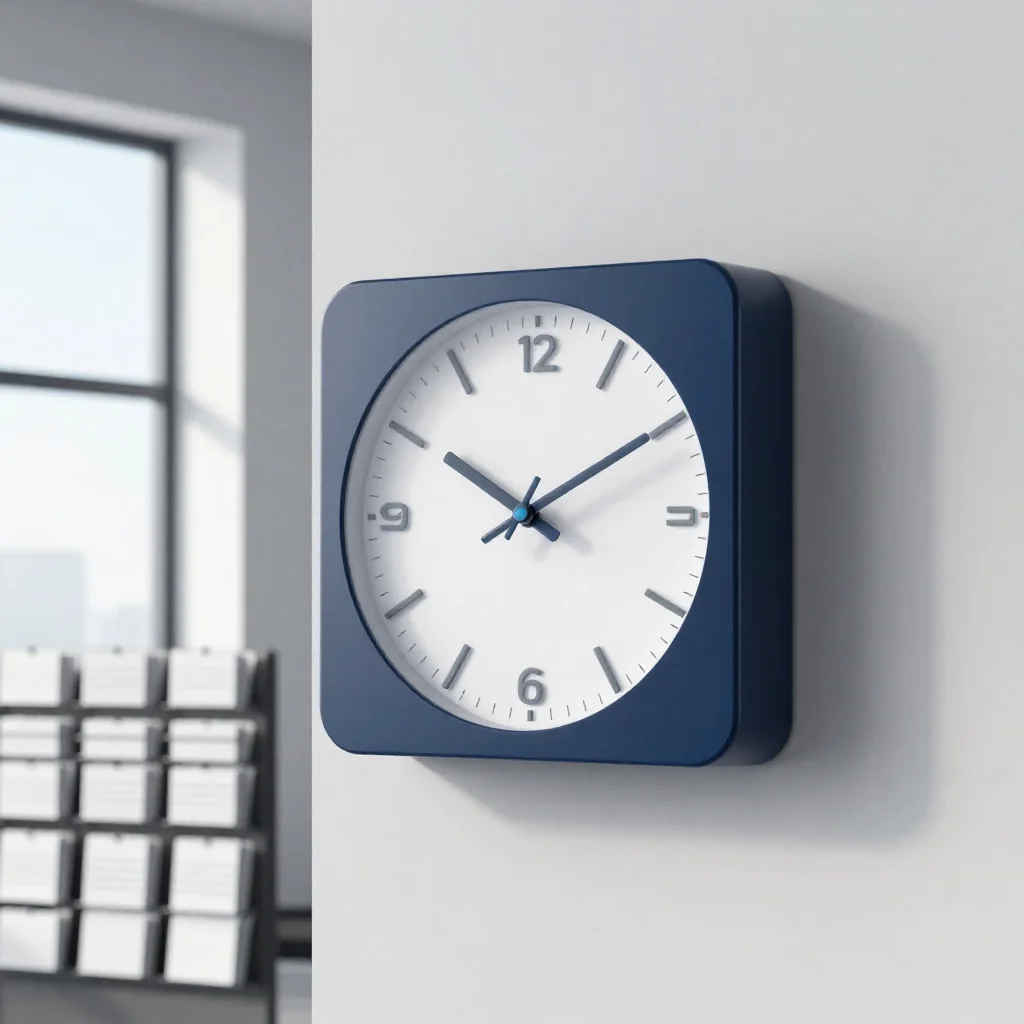 Un reloj de pared sobre un escritorio.