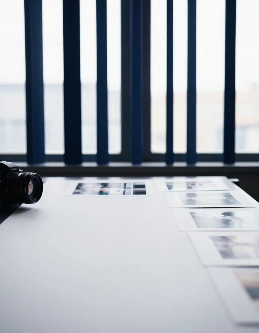 Cámara y fotografías sobre una mesa de luz.