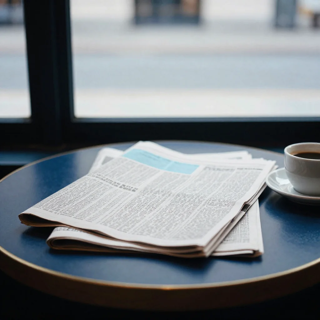 Un periódico doblado junto a un café.