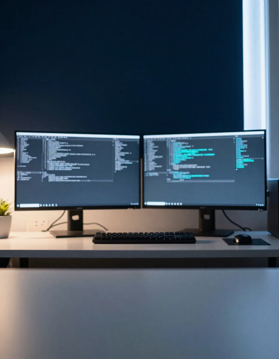 Monitores con código en un escritorio de desarrollo.