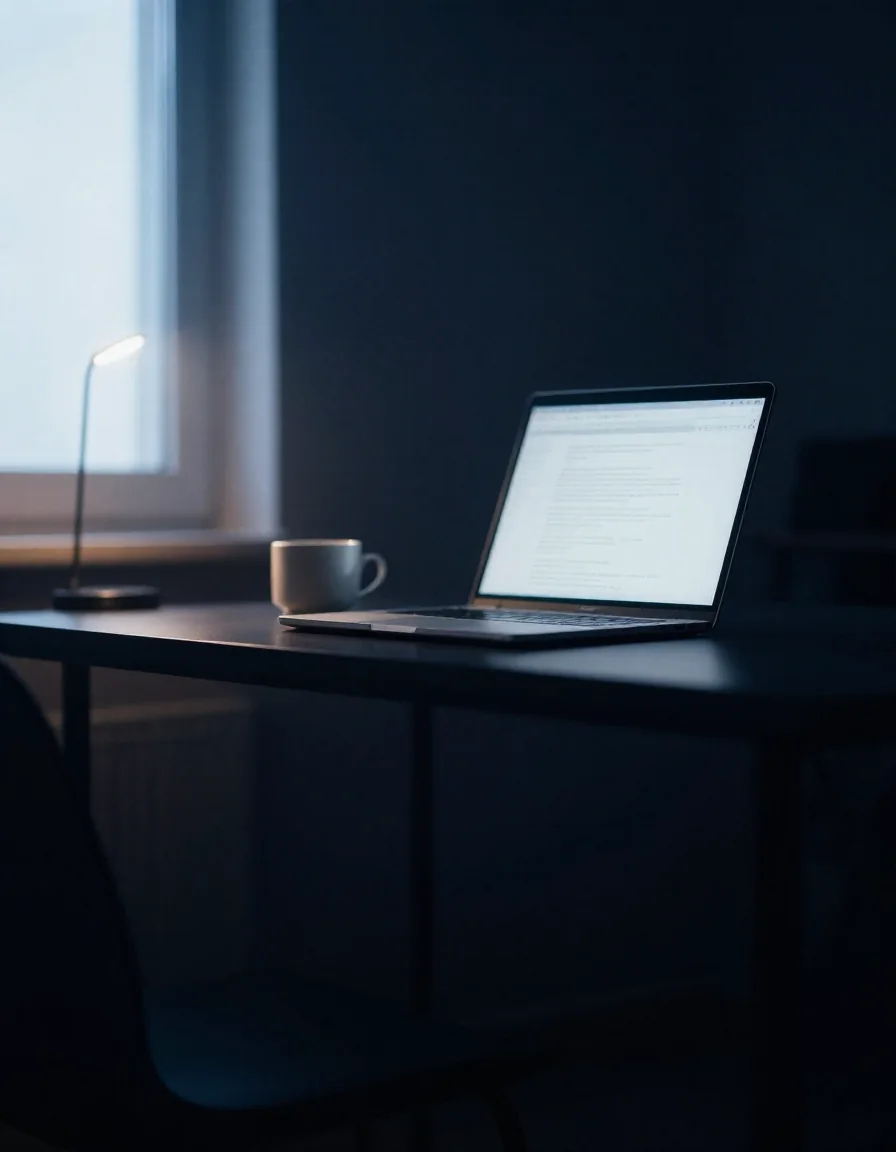 Una laptop encendida sobre un escritorio de noche.