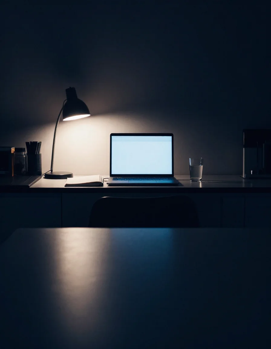 Una laptop encendida sobre un escritorio de noche.
