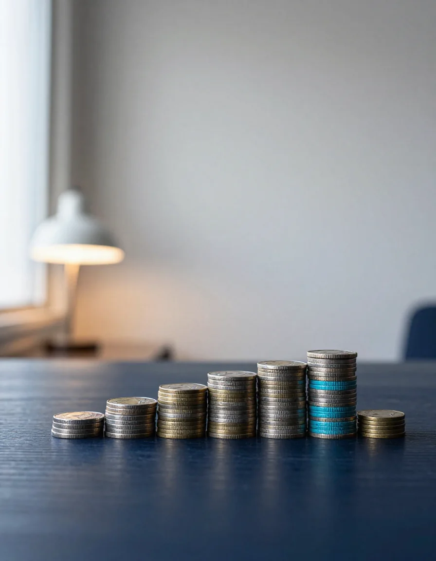 Pilas de monedas sobre una mesa.