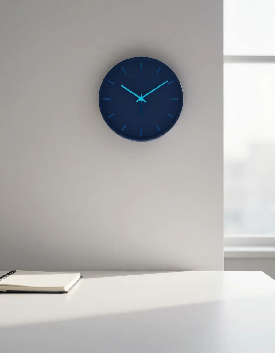Un reloj de pared sobre un escritorio.