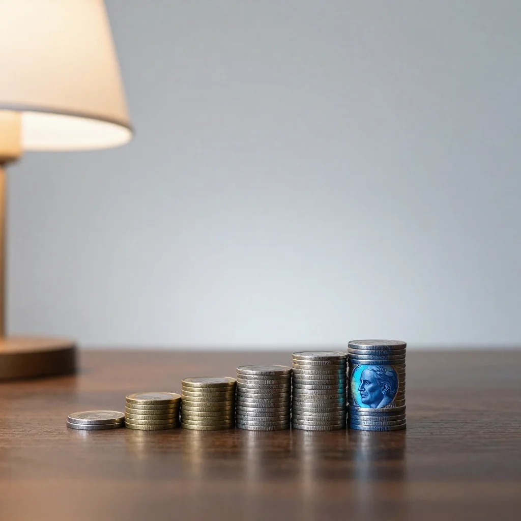 Pilas de monedas sobre una mesa.