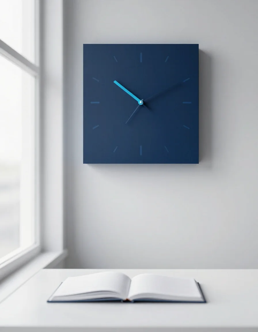 Un reloj de pared sobre un escritorio.