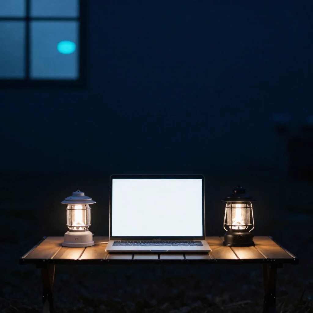 Una laptop encendida sobre un escritorio de noche.