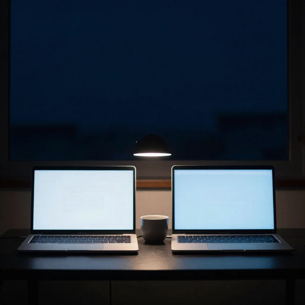 Una laptop encendida sobre un escritorio de noche.
