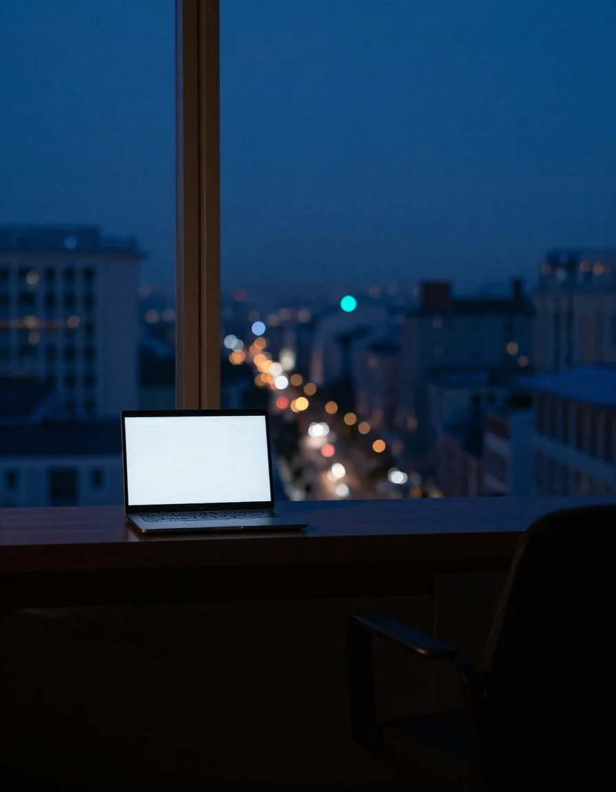 Una laptop encendida sobre un escritorio de noche.