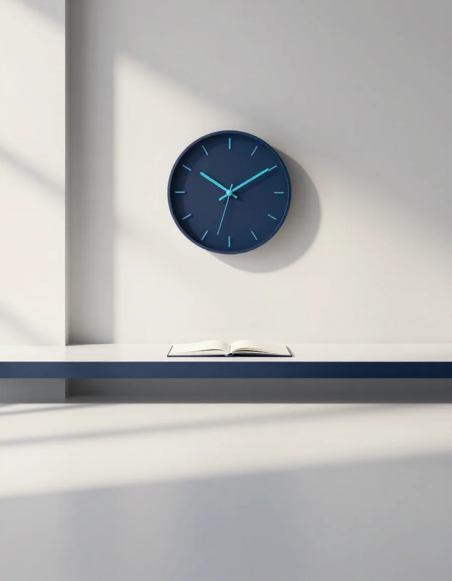 Un reloj de pared sobre un escritorio.