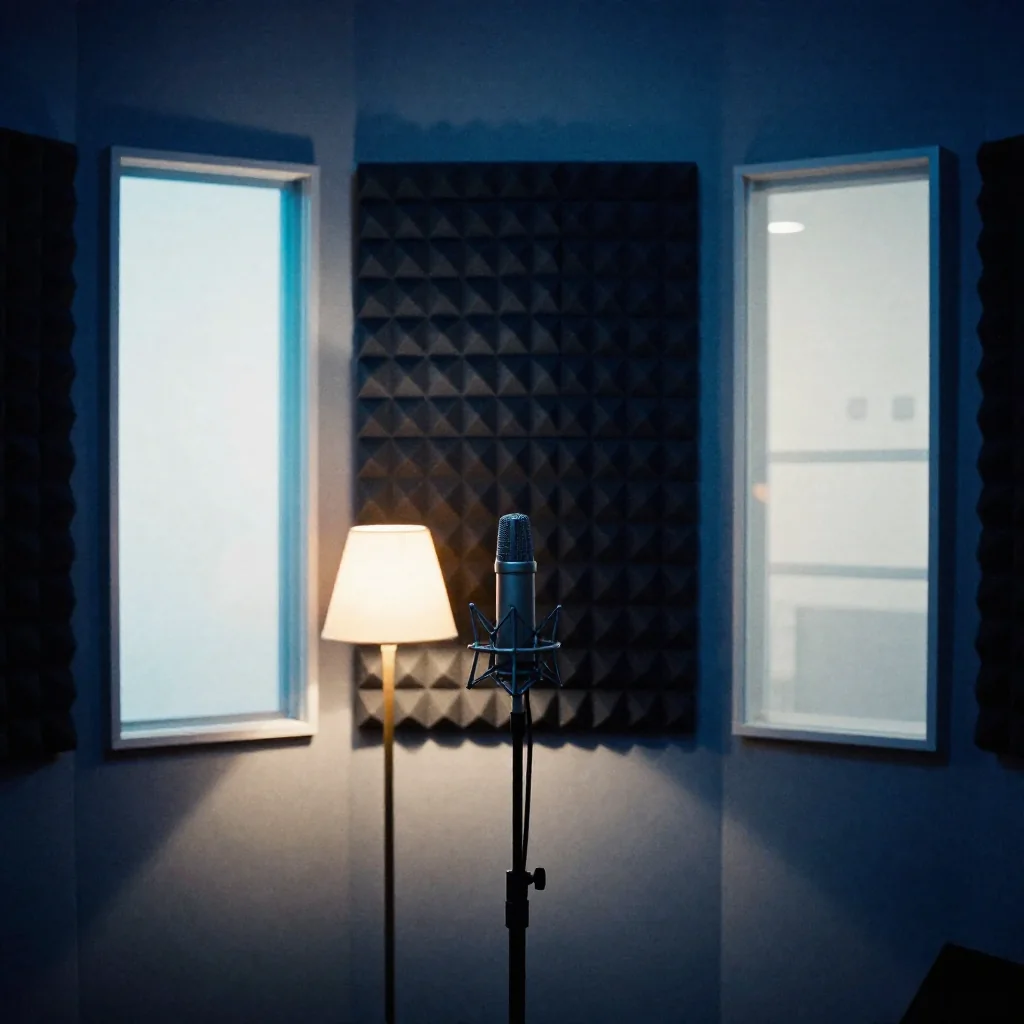 Un micrófono en un pequeño estudio.