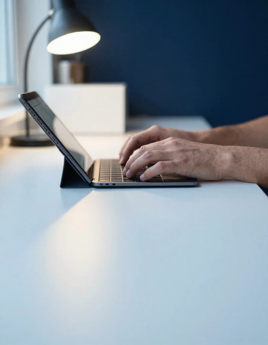Manos escribiendo en una laptop.