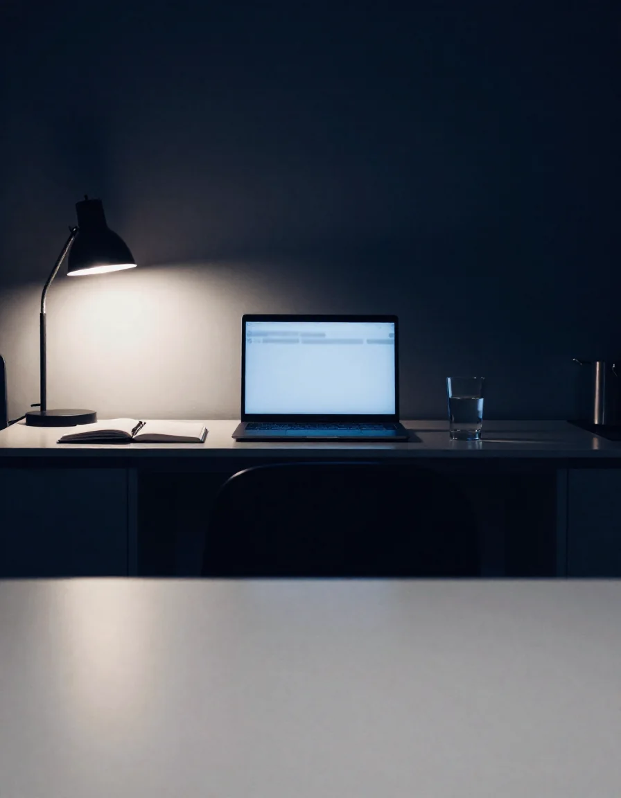 Una laptop encendida sobre un escritorio de noche.