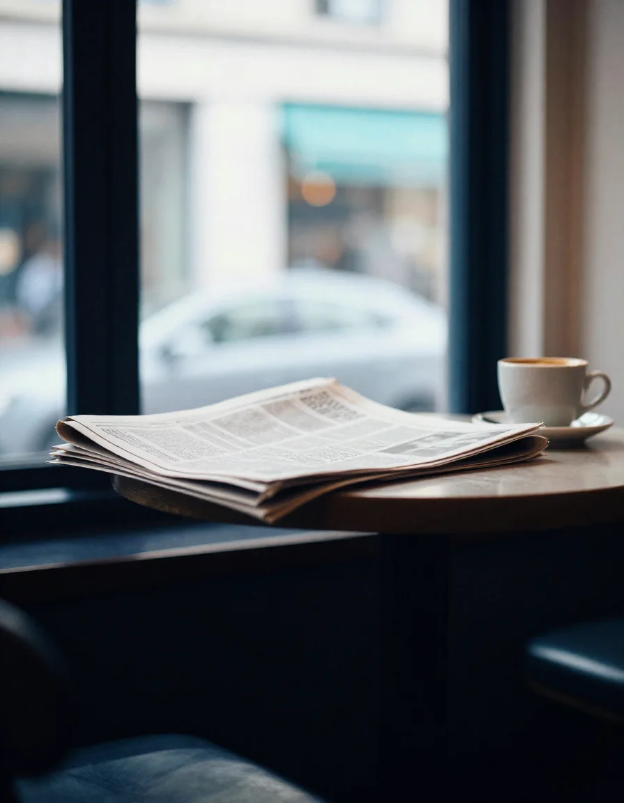 Un periódico doblado junto a un café.