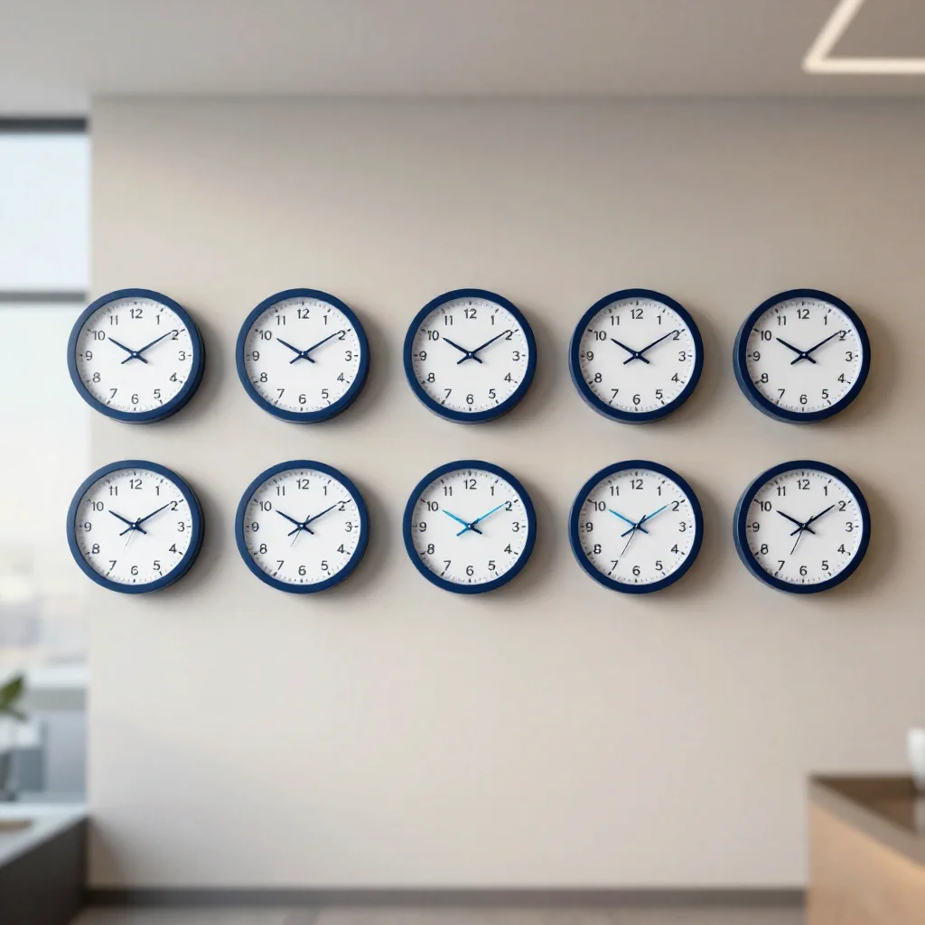 Un reloj de pared sobre un escritorio.